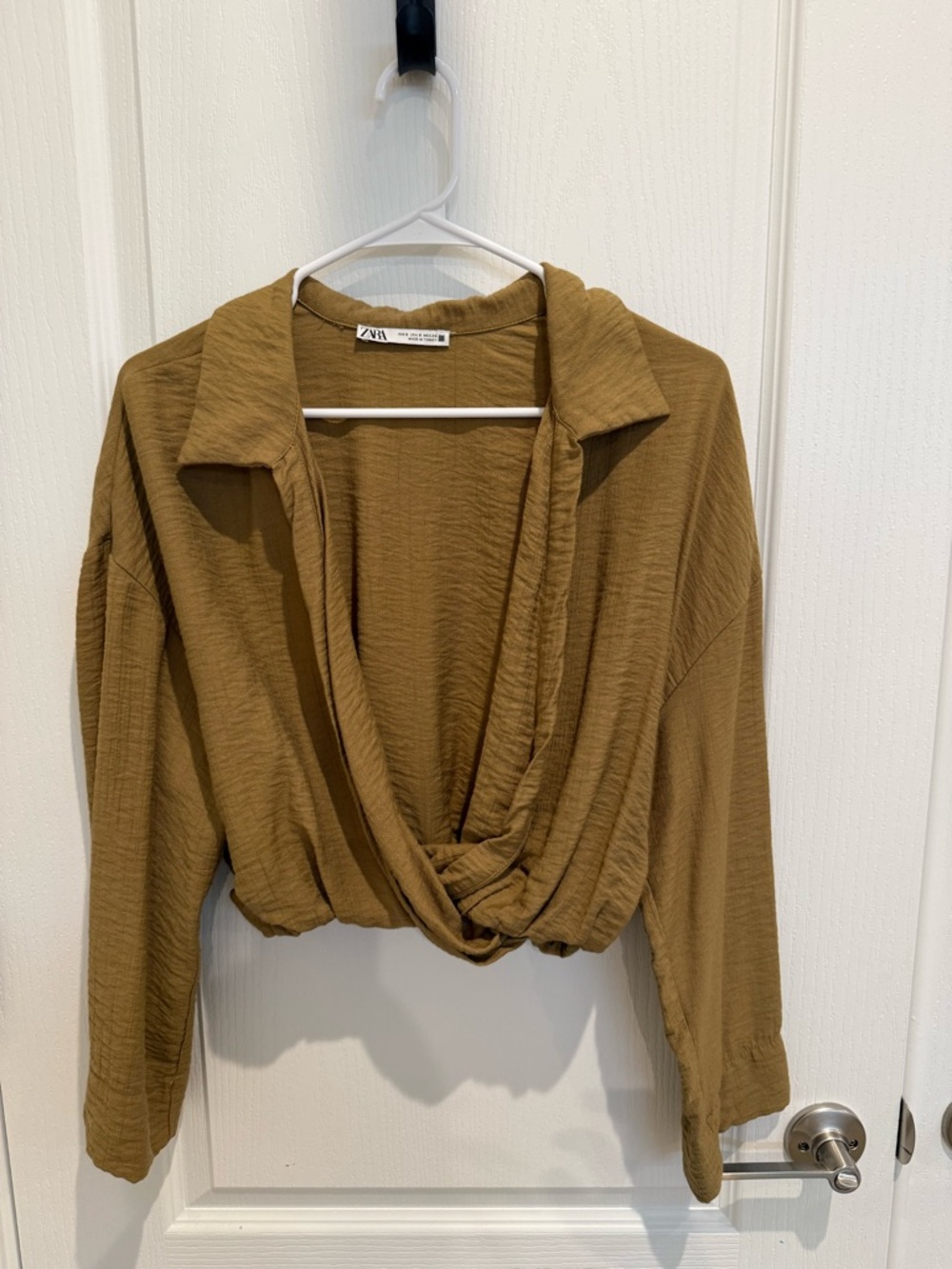 Zara Olive Twist-Front Long-Sleeve Blouse
